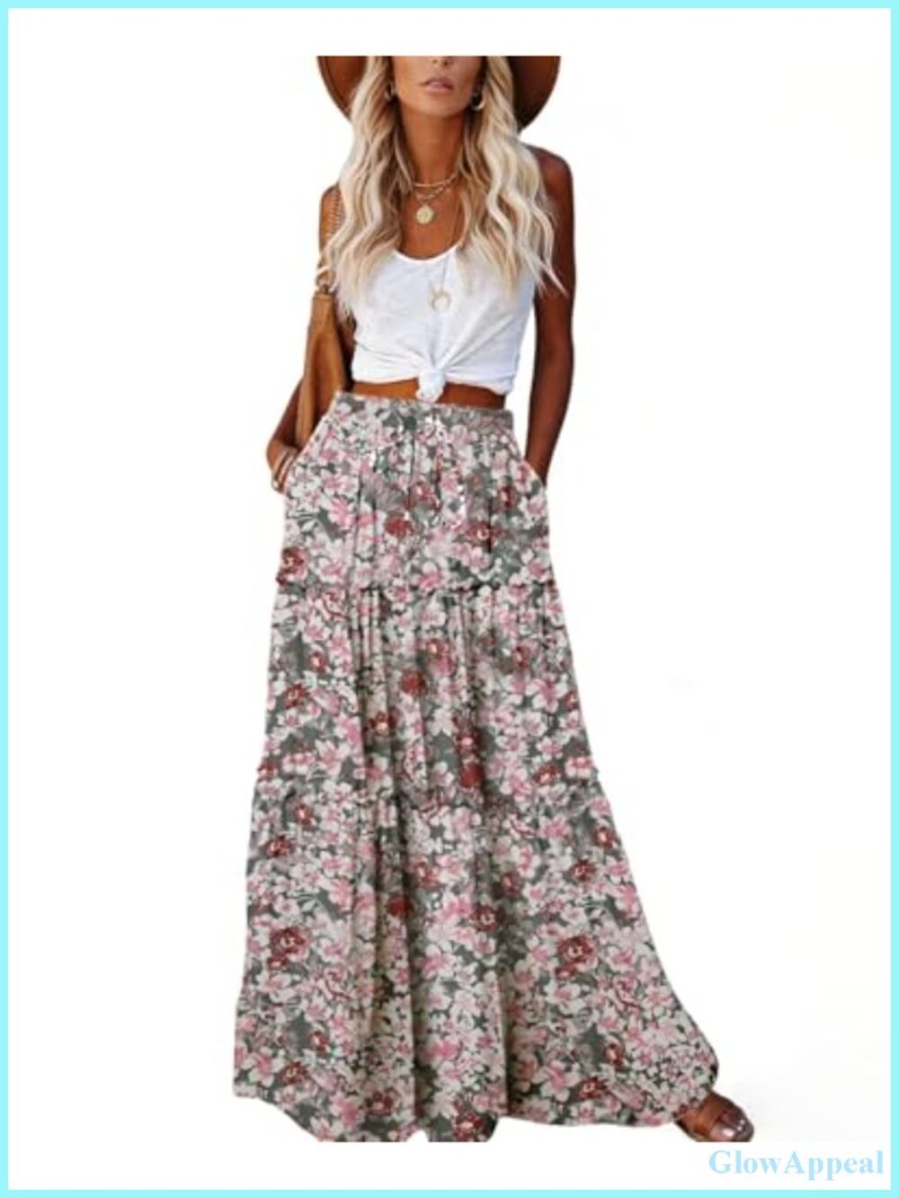 Flowy Boho Maxi Skirt with Pockets High Waist Tiered Chiffon A-Line